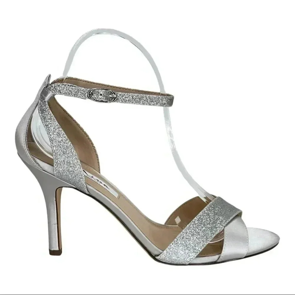Nina Venus Silver Satin Fabric Glitter Accent Womens Heels Size 9M - Picture 3 of 14
